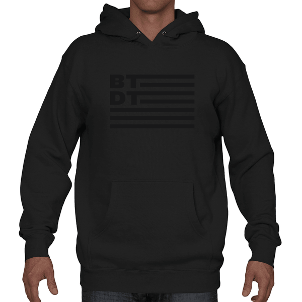 Black on black hooded sweatshirt with our subdued flag logo across the entire chest. Let others know you've been there, done that!